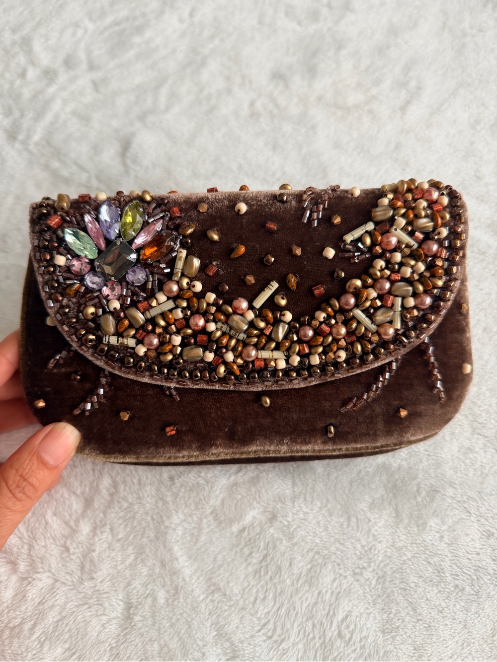 Mary Frances Chocolate Brown Velvet Clutch with Multicolored Jewel Accent